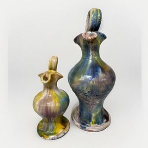 Vintage Handmade Drip Glaze Pottery Pitcher Set‎ Multicolor Art Deco Style 2pc